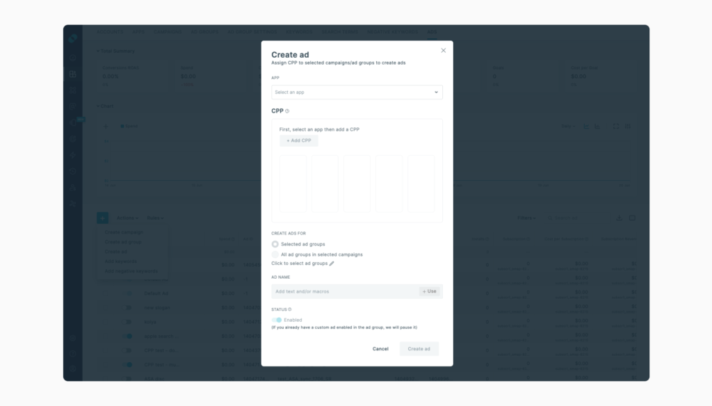A screenshot from ALPHA Acquire, showcasing the Ad Creation process - ad variations for custom product pages.