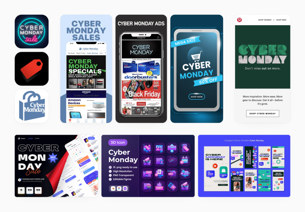 Cyber Monday on the App Store, a variety of promotional icons and banners gathered by ALPHA