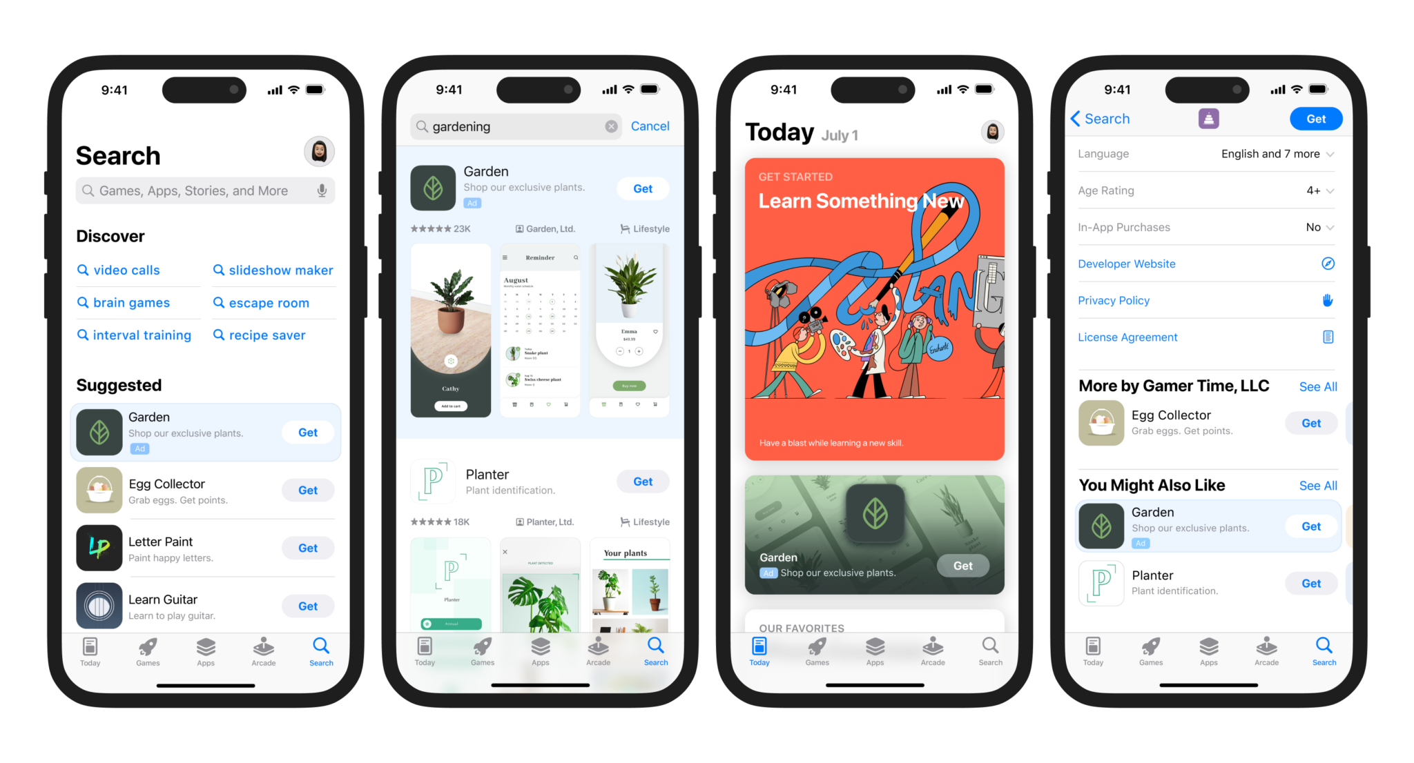 Apple Ads placements, left to right: Search tab ad, Search result ad, Today tab ad, product page ad. Official Apple Ads partner resources for ALPHA.