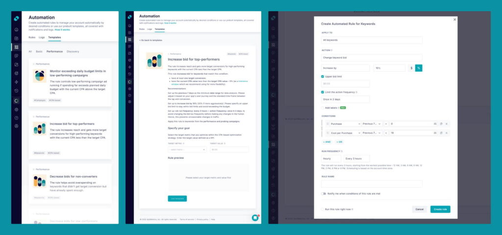 The process of creating an Apple Ads automation rule with a template in ALPHA Acquire